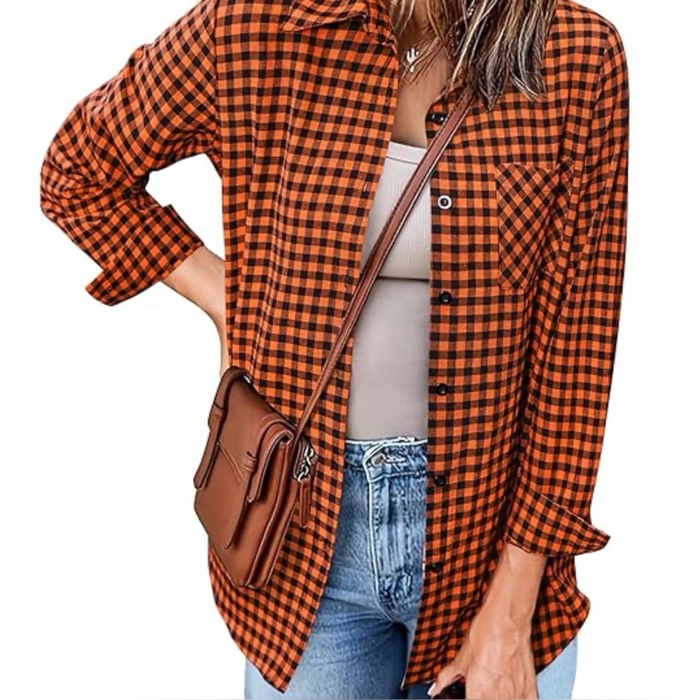 NWT Amazon Essentials Rust & Black Soft Flannel Button Down Shirt, Medium